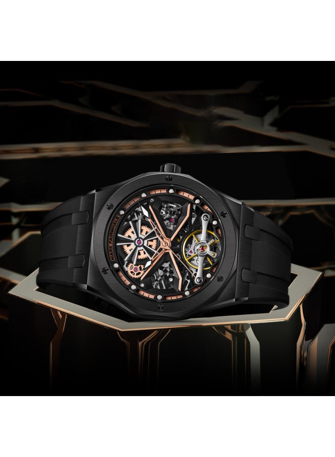 Mark Fairwhale Men's Luminous Tourbillon Automatic Watch - Water Resistant, Black Dial & Black Silicone Strap - Image 2