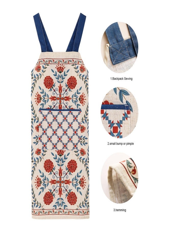 patdrea Blue Floral Linen Apron with Pocket,French Kitchen Garden Chef BBQ Aprons for Women and Men,Crisscross Back Straps, Pnuo B, S-(29.5" - Image 4