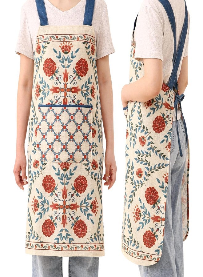 patdrea Blue Floral Linen Apron with Pocket,French Kitchen Garden Chef BBQ Aprons for Women and Men,Crisscross Back Straps, Pnuo B, S-(29.5" - Image 3