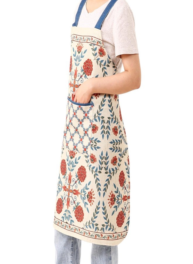 patdrea Blue Floral Linen Apron with Pocket,French Kitchen Garden Chef BBQ Aprons for Women and Men,Crisscross Back Straps, Pnuo B, S-(29.5" - Image 2