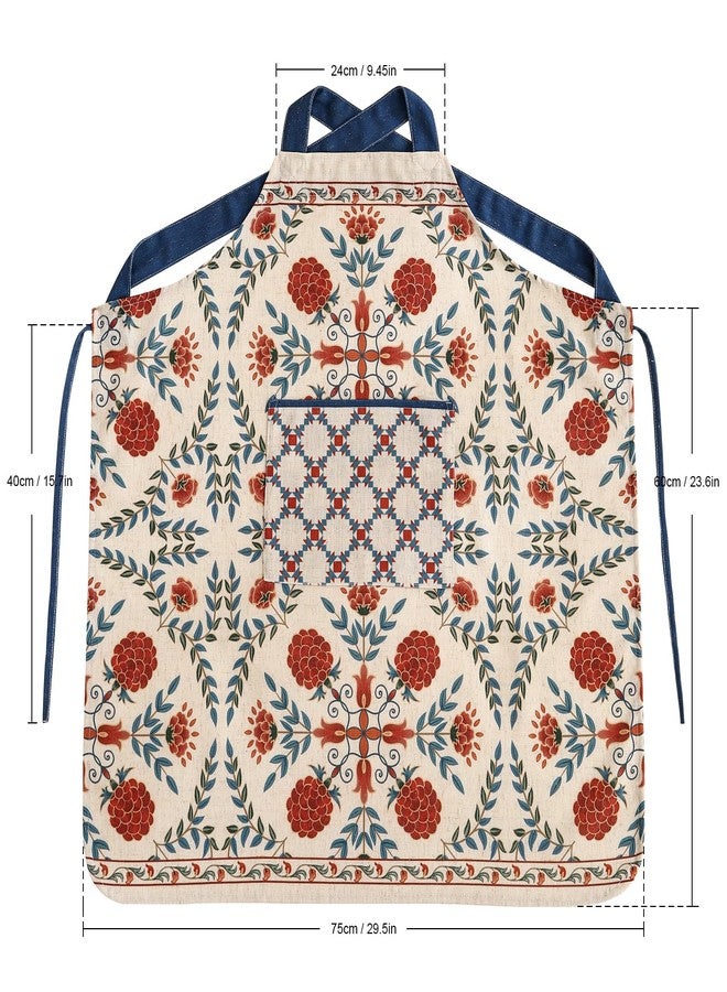 patdrea Blue Floral Linen Apron with Pocket,French Kitchen Garden Chef BBQ Aprons for Women and Men,Crisscross Back Straps, Pnuo B, S-(29.5" - Image 5
