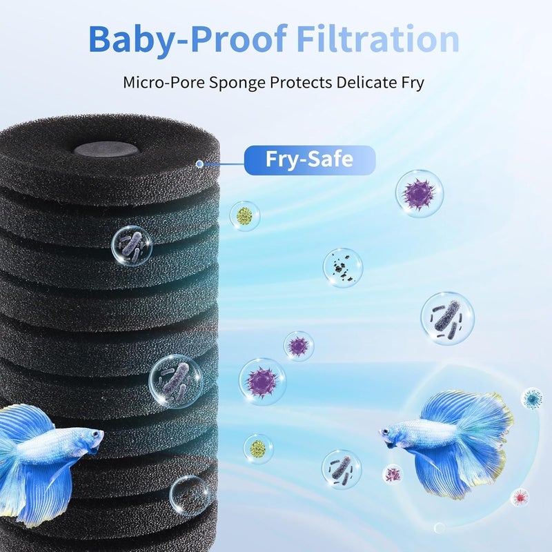 VAYINATO فلتر إسفنجي حيوي لحوض السمك ®، فردي - مضخة هواء فائقة الهدوء فلتر داخلي رغوي لحوض السمك - لأسماك البيتا والجمبري والأسماك الصغيرة (أسود) من بيتزلايف وورلد - Image 4