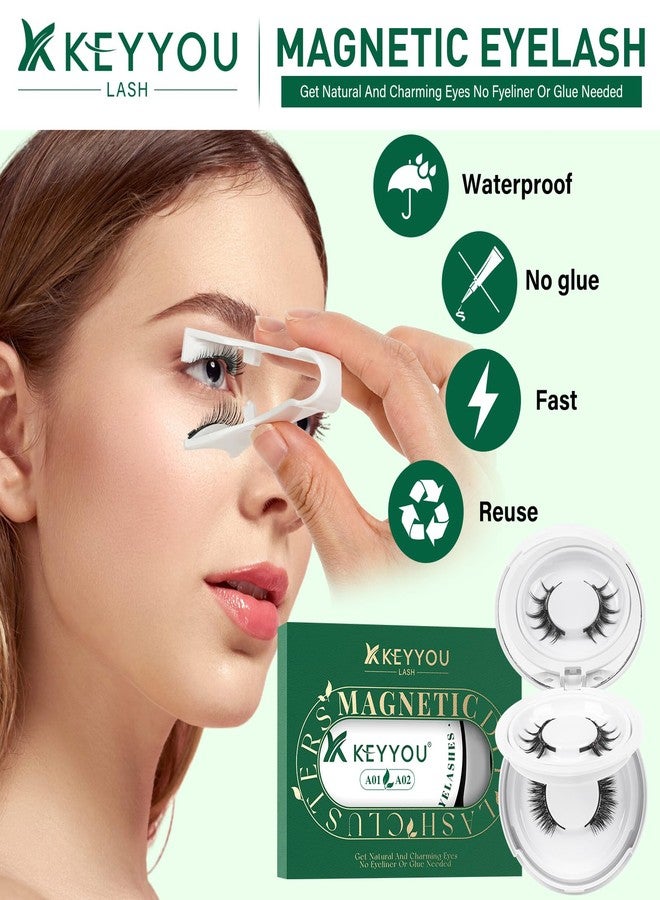 KEYYOU Reusable Magnetic Eyelashes 2 Pair with Applicator No Glue Needed 3D Natural Magnetic Lashes, Easy to Apply & Long Lasting for Daily Use & Events(A01+A02) - Image 2