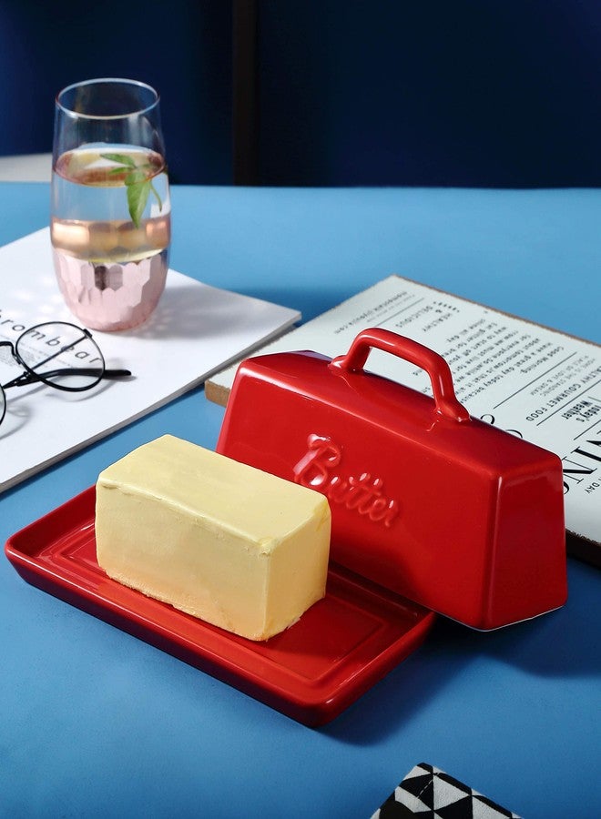 Bruntmor Ceramic Butter Dish With Lid. Butter Holder/ Tray/ Storage With Lid And Handle. Porcelain Butter Keeper For Countertop. Butter Dish With Cover in Red Color. - Image 4
