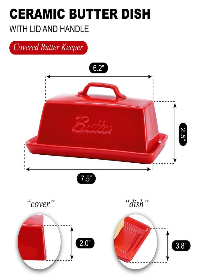 Bruntmor Ceramic Butter Dish With Lid. Butter Holder/ Tray/ Storage With Lid And Handle. Porcelain Butter Keeper For Countertop. Butter Dish With Cover in Red Color. - Image 2