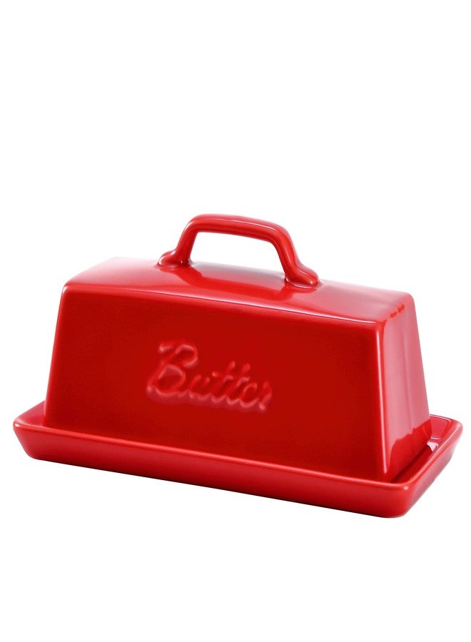 Bruntmor Ceramic Butter Dish With Lid. Butter Holder/ Tray/ Storage With Lid And Handle. Porcelain Butter Keeper For Countertop. Butter Dish With Cover in Red Color. - Image 1