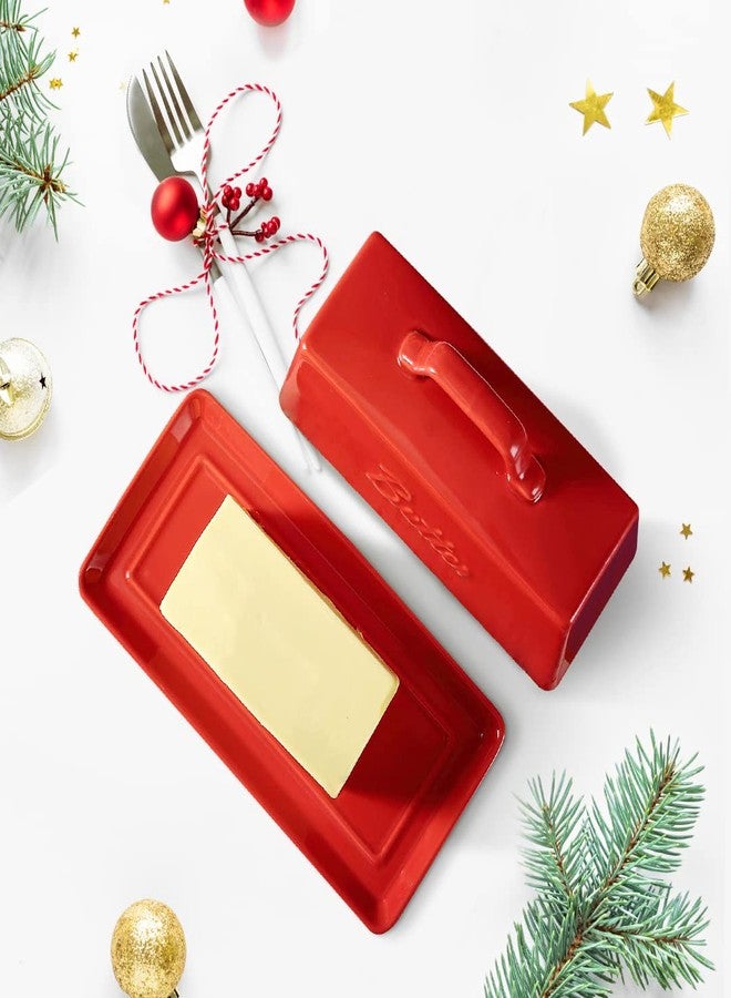 Bruntmor Ceramic Butter Dish With Lid. Butter Holder/ Tray/ Storage With Lid And Handle. Porcelain Butter Keeper For Countertop. Butter Dish With Cover in Red Color. - Image 5
