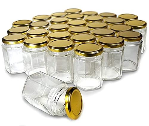 AVMPHD Air Tight Gold Metal Cap Hexagon Glass Jar with 250 ml Set of 12 pcs - Image 1