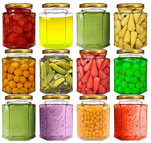 AVMPHD Air Tight Gold Metal Cap Hexagon Glass Jar with 250 ml Set of 12 pcs - Image 3