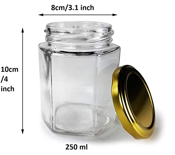 AVMPHD Air Tight Gold Metal Cap Hexagon Glass Jar with 250 ml Set of 12 pcs - Image 4