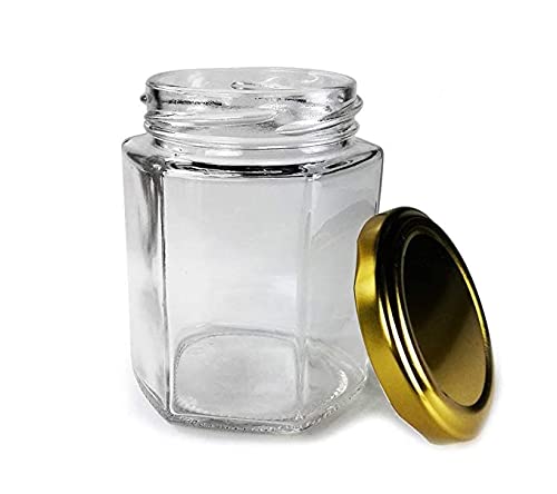 AVMPHD Air Tight Gold Metal Cap Hexagon Glass Jar with 250 ml Set of 12 pcs - Image 2