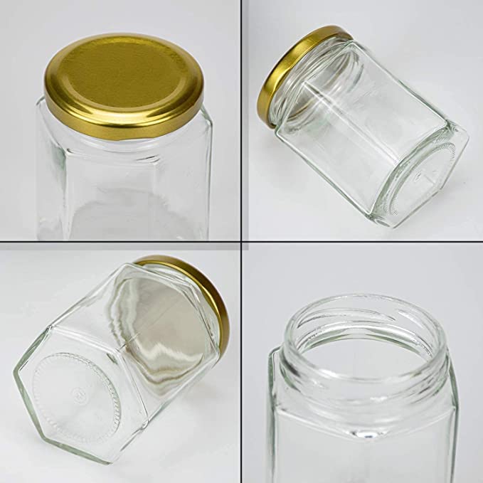 AVMPHD Air Tight Gold Metal Cap Hexagon Glass Jar with 250 ml Set of 12 pcs - Image 5