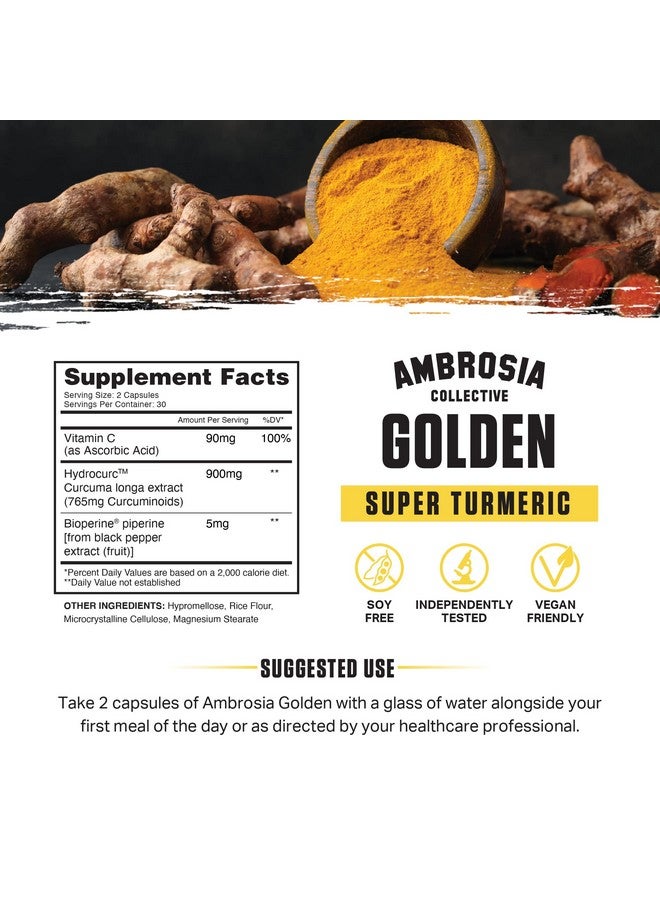 Ambrosia Golden Super Turmeric ; Bioavailable Curcumin ; Support Healthy Gut & Brain Health ; Joint Support ; 765Mg Of Active Curcuminoids ; 60 Veggie Capsules (30 Day Supply) - Image 2