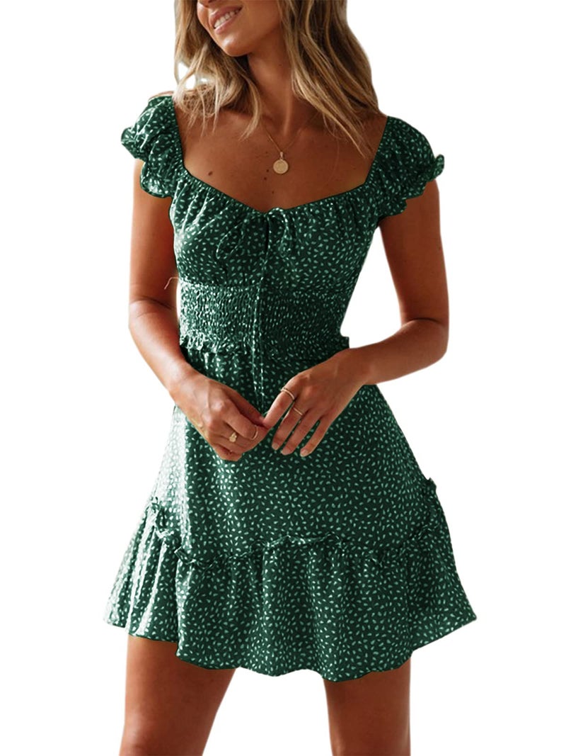 YOBECHO Womens Summer Ruffle Sleeve Sweetheart Neckline Printing Dress Mini Dresses Dark Green - Image 1