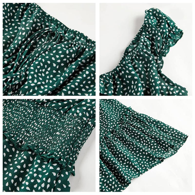 YOBECHO Womens Summer Ruffle Sleeve Sweetheart Neckline Printing Dress Mini Dresses Dark Green - Image 4