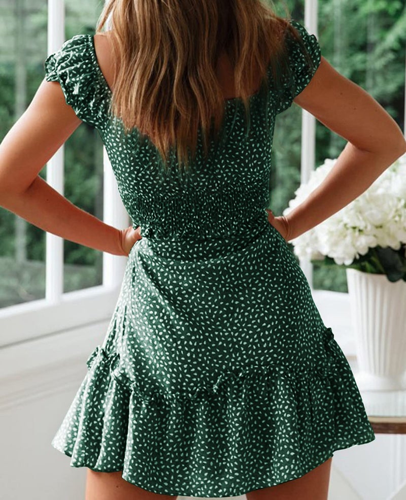 YOBECHO Womens Summer Ruffle Sleeve Sweetheart Neckline Printing Dress Mini Dresses Dark Green - Image 3