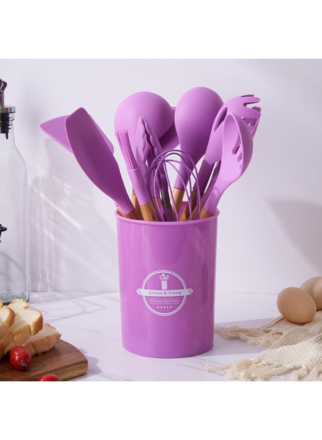 NeeMee Non-stick Cookware Storage Bucket with Wooden Handles, 12-Piece Silicone Kitchen Utensil Set, Silicone Cooking Utensil Spatula and Spoon Set - Image 2