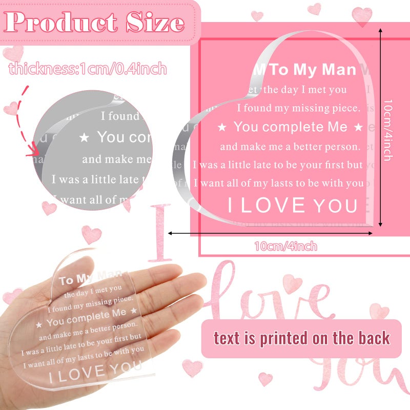 Yulejo To My Man Gift for Him Acrylic Anniversary Birthday Gifts for Boyfriend I Love You Gift for Him Fiance Husband Keepsake for Groom Engagement Wedding Christmas Father's Day (Heart Style) - Image 3