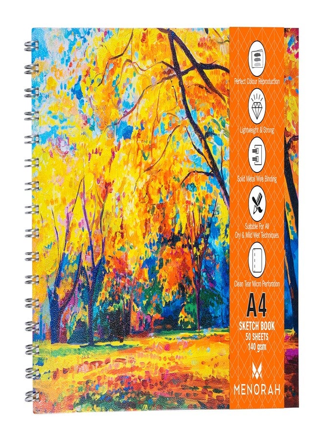 MENORAH ورق مينورا - مقاس A4 - دفتر رسم للفنانين - دفاتر رسم بالألوان الزيتية - 140 غرام/متر مربع، 100 صفحة/50 ورقة - دفاتر رسم مُجلّدة بسلك معدني - (21.0 × 29.7 سم) - تصميم أشجار الخريف - Image 1