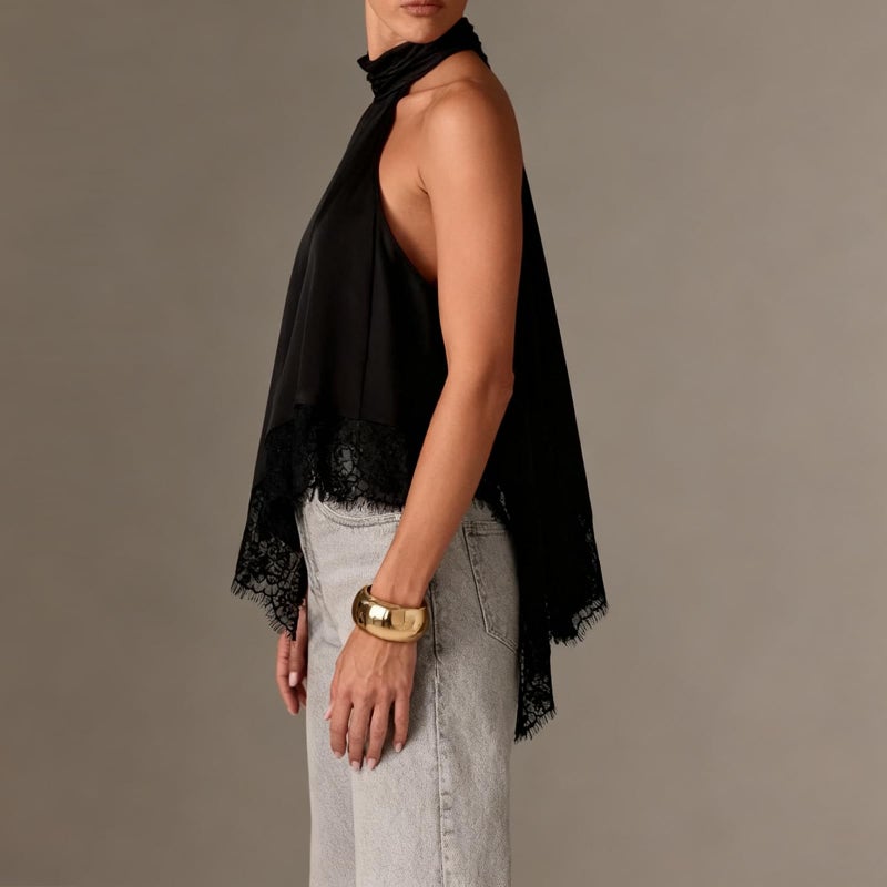 KMBANGI Women Satin Halter Top Y2K Mock Neck Lace Trim Asymmetrical Hem Tank Top Sleeveless Going Out Crop Tops B Black - Image 3