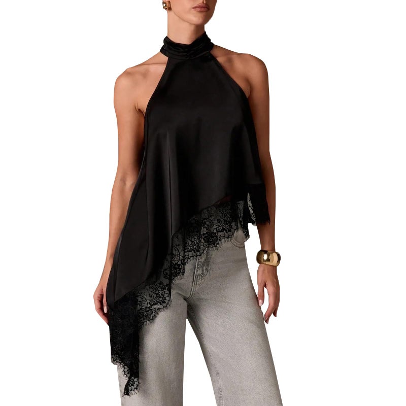 KMBANGI Women Satin Halter Top Y2K Mock Neck Lace Trim Asymmetrical Hem Tank Top Sleeveless Going Out Crop Tops B Black - Image 1