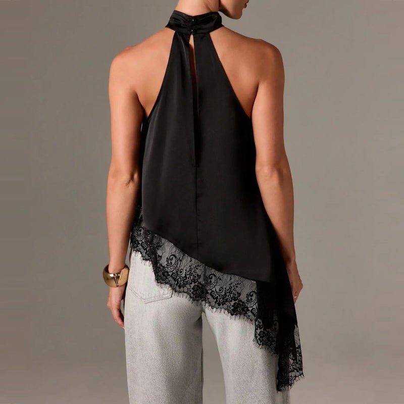 KMBANGI Women Satin Halter Top Y2K Mock Neck Lace Trim Asymmetrical Hem Tank Top Sleeveless Going Out Crop Tops B Black - Image 4