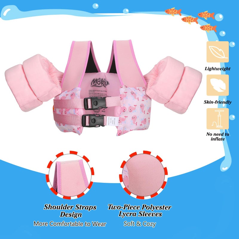 MoKo Toddler Swim Vest for Kids, Swim Arm Floaties 22-66lbs Cartoon Swimming Water Wings Pool Float Vests Sleeves Shoulder Straps Arm Band for Children Learn to Swim, Pink & Whale - Image 5