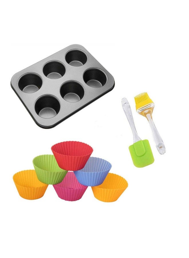 Perfect Pricee Non-Stick Microwave Oven Safe Plastic Baking Tray, 6 Nonstick Silicone Cupcake Muffin Molds with Oiling Pastry Brush, Kitchen Bakeware Tool Combo Set - Image 1