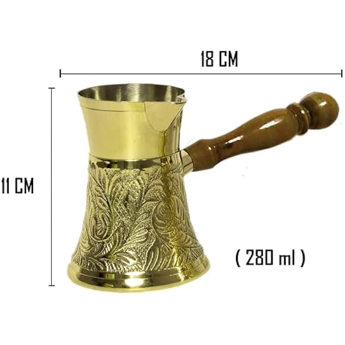 rayihni Ajestic Brass Turkish Coffee Pot Embossed Design Golden Color Handcrafted With Wooden Handle Perfect For Turkish Coffee Arabic Coffee Tea Milk And Hot Beverage 280Ml - Image 4