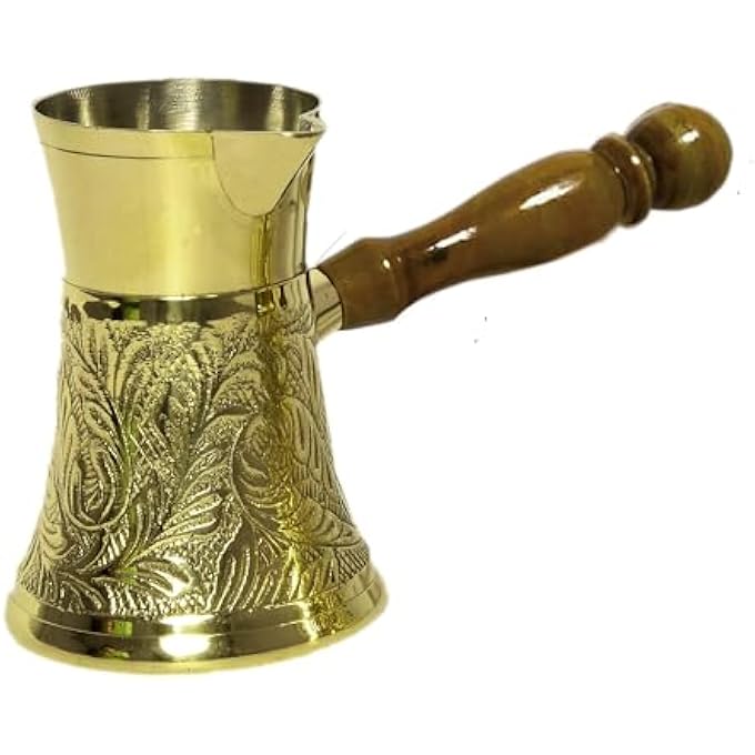 rayihni Ajestic Brass Turkish Coffee Pot Embossed Design Golden Color Handcrafted With Wooden Handle Perfect For Turkish Coffee Arabic Coffee Tea Milk And Hot Beverage 280Ml - Image 1