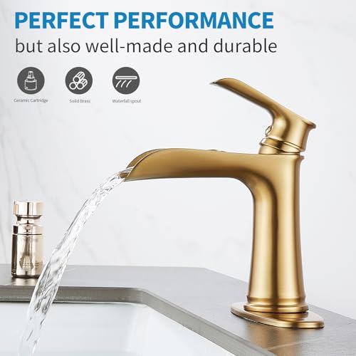 SANLIV Brushed Gold Bathroom Sink Faucet Sanliv Single Handle Waterfall Bathroom Faucet with PopUp Drain Deck Plate for 1 or 3Hole 4 inch Modern Brass Vanity Faucets Champagne Bronze - Image 3