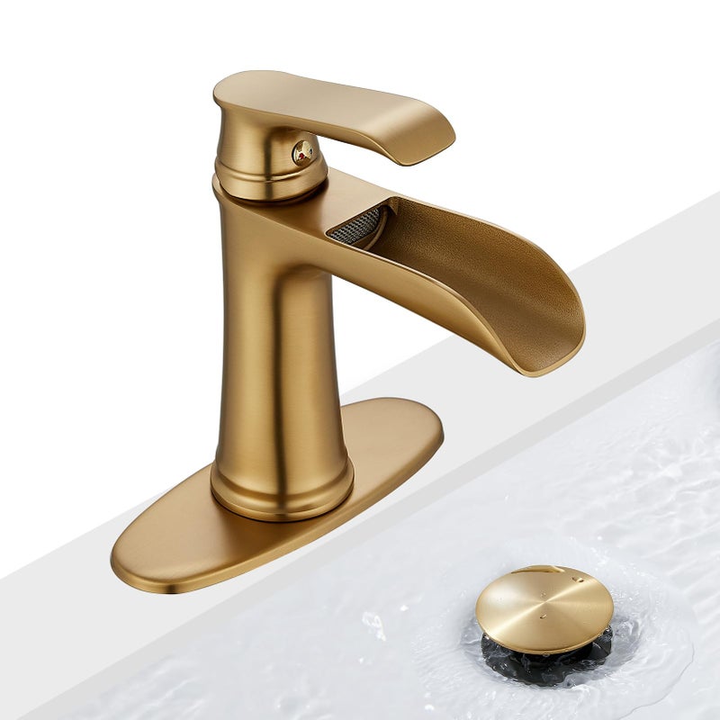 SANLIV Brushed Gold Bathroom Sink Faucet Sanliv Single Handle Waterfall Bathroom Faucet with PopUp Drain Deck Plate for 1 or 3Hole 4 inch Modern Brass Vanity Faucets Champagne Bronze - Image 2