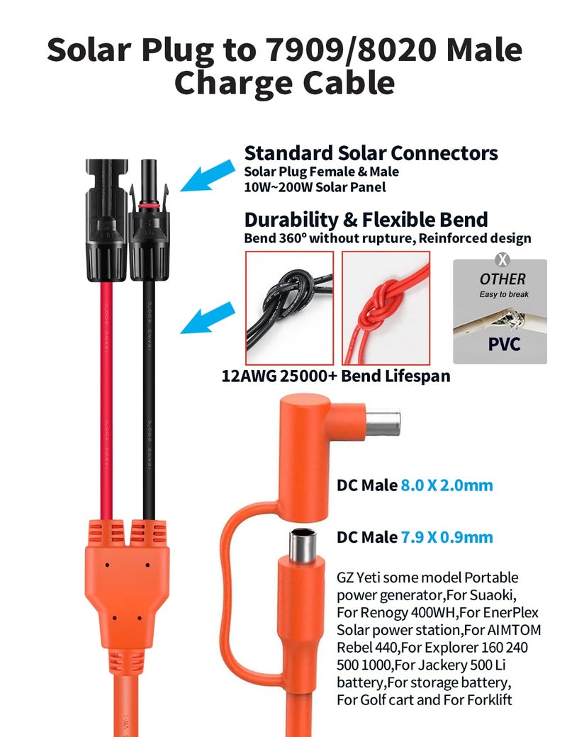 Tonton Solar Panel Cable to DC 5M, MC4 Solar Connector to DC7909/8020 Charging Cable, 12AWG Solar Panel Extension Adapter for Jackery Explorer, GZ Yeti, BLUETTI, Anker Portable Power Station, Solar Generator - Image 3