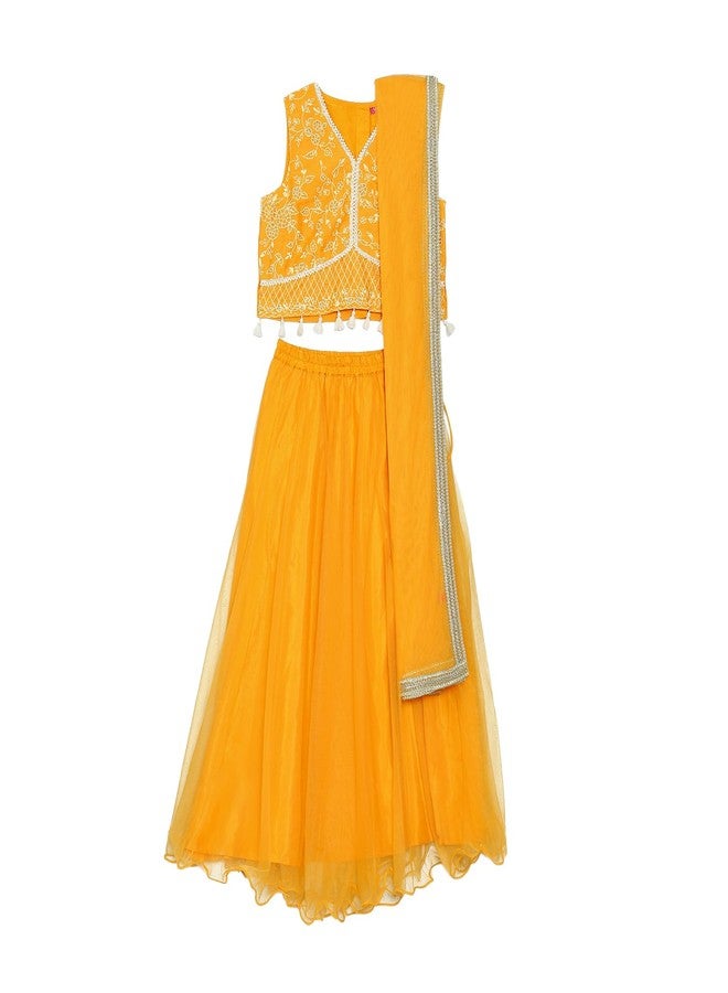 BIBA Girls Solid Straight Polyester Kid (Kwwhite Blooms5966_Yellow_13, Lehenga Choli Set, Readymade) - Image 1