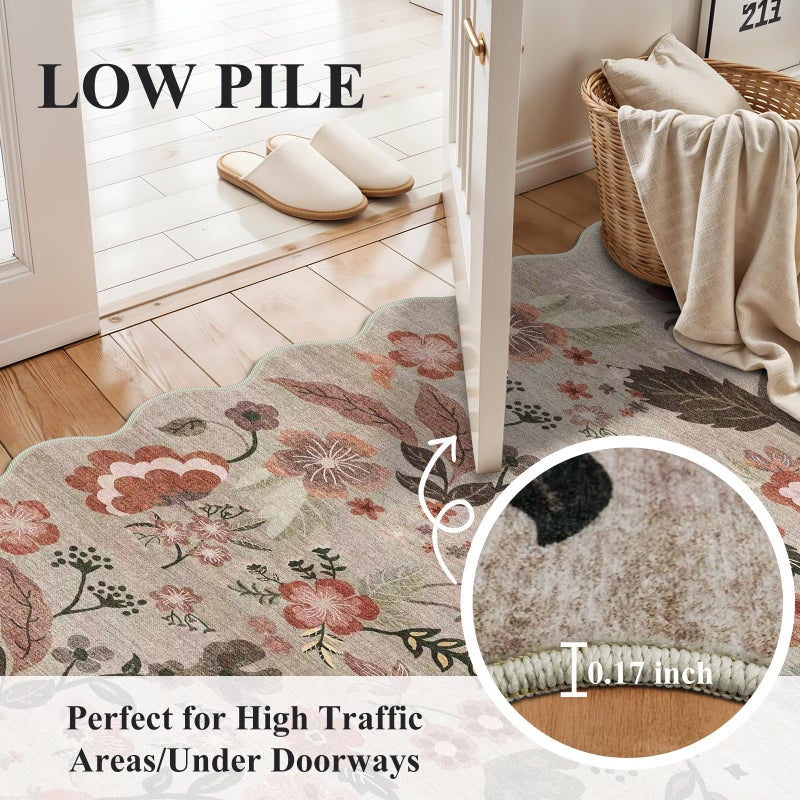 BYYVOO 2x8 ft Non-Slip Washable Hallway Runner Rug â€“ Boho Vintage Floral Carpet Runner for Kitchen, Bathroom, Bedroom & Entryway â€“ Low-Pile Thin Soft Rug with Scalloped Edge (Beige Brown, 2x8) - Image 5