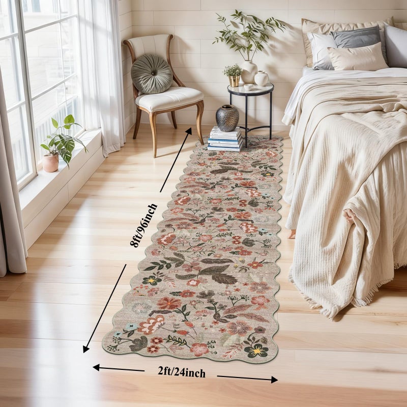 BYYVOO 2x8 ft Non-Slip Washable Hallway Runner Rug â€“ Boho Vintage Floral Carpet Runner for Kitchen, Bathroom, Bedroom & Entryway â€“ Low-Pile Thin Soft Rug with Scalloped Edge (Beige Brown, 2x8) - Image 2