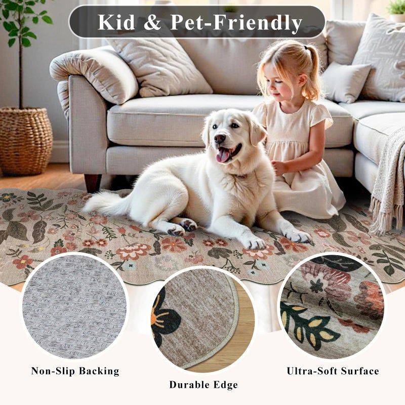 BYYVOO 2x8 ft Non-Slip Washable Hallway Runner Rug â€“ Boho Vintage Floral Carpet Runner for Kitchen, Bathroom, Bedroom & Entryway â€“ Low-Pile Thin Soft Rug with Scalloped Edge (Beige Brown, 2x8) - Image 3