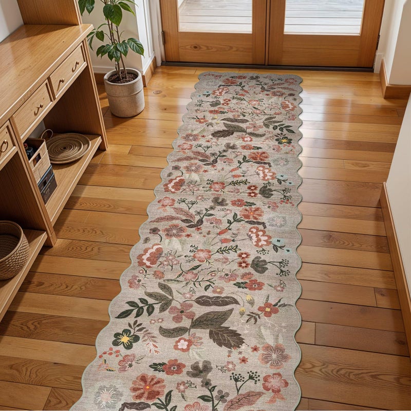 BYYVOO 2x8 ft Non-Slip Washable Hallway Runner Rug â€“ Boho Vintage Floral Carpet Runner for Kitchen, Bathroom, Bedroom & Entryway â€“ Low-Pile Thin Soft Rug with Scalloped Edge (Beige Brown, 2x8) - Image 1