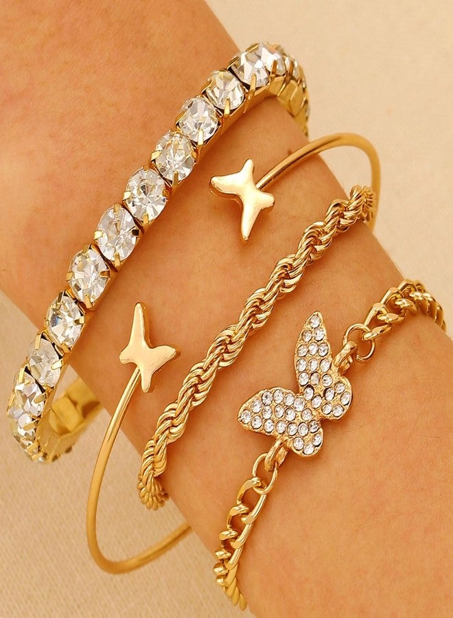 Aeenioy 4 Piece Gold Plated Bracelet for Women, Butterfly Bracelet Set, Anti Tarnish Fashion Bracelets for Women, Stylish Hand Bracelets for Daily, Office, Party, Gift - Image 3