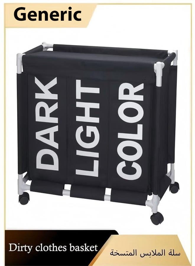Foldable Laundry Basket Waterproof 3 Section Oxford Cloth Laundry Basket with Wheels and Sturdy Plastic Bracket (grey) - Image 1