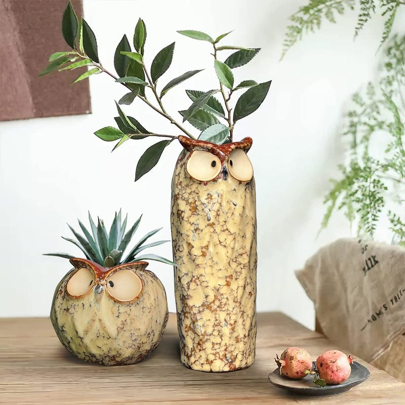 GeLive 9 Inch Owl Ceramic Vase, Farmhouse Flower Vase, Retro Owl Planter, String Pearl Succulent Pot for Bud Cutting Hydroponic Plant, Indoor Outdoor Home Decor, Cute Owl Fun Animal Cartoon Gift - Image 4