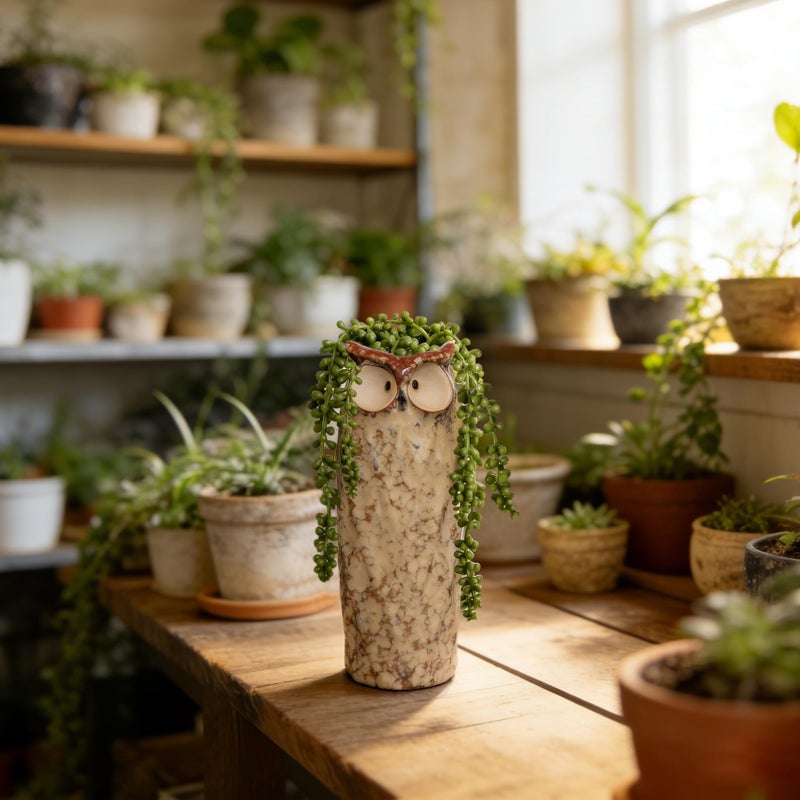 GeLive 9 Inch Owl Ceramic Vase, Farmhouse Flower Vase, Retro Owl Planter, String Pearl Succulent Pot for Bud Cutting Hydroponic Plant, Indoor Outdoor Home Decor, Cute Owl Fun Animal Cartoon Gift - Image 2