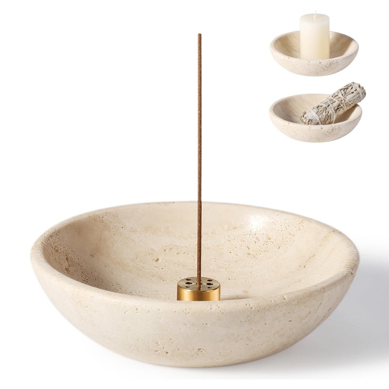Koville Natural Travertine Incense Holder, Incense Holder for Sticks with 9 Holes, Handmade Incense Burner Ash Catcher for Meditation Yoga SPA, Balsam Fir/Palo Santo/Sage/Cone Incense Holder(Beige) - Image 1