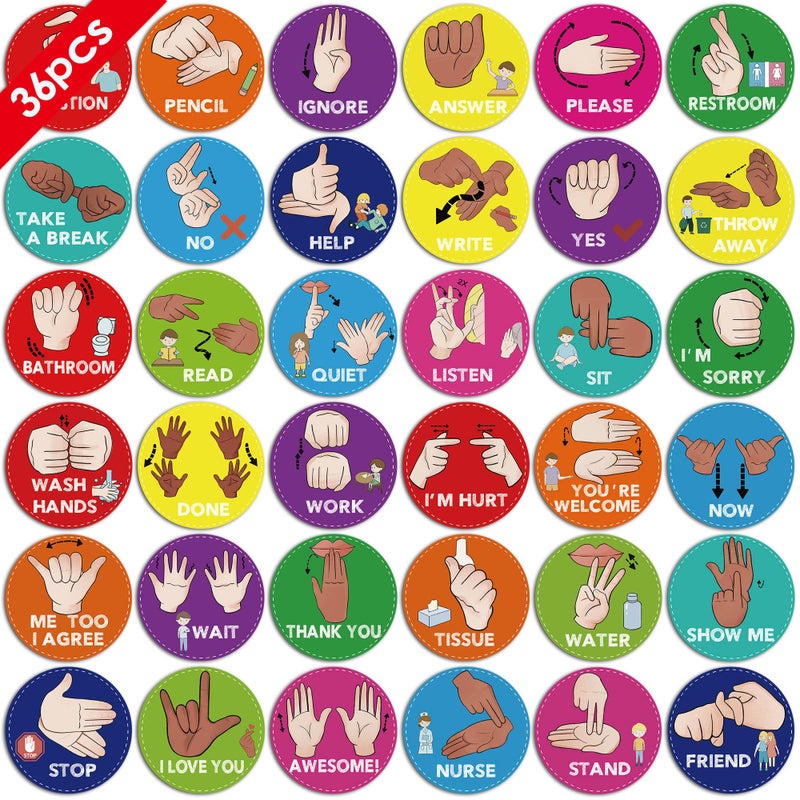 YIYDONG ASL Classroom Hand Signal Cards - 36 Classroom Hand Signal Decor Sign Language Posters for Teachers Students Visual Cues (Bright Color) - Image 1