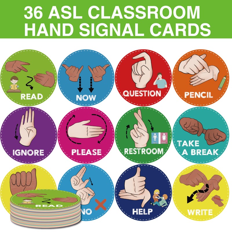 YIYDONG ASL Classroom Hand Signal Cards - 36 Classroom Hand Signal Decor Sign Language Posters for Teachers Students Visual Cues (Bright Color) - Image 3