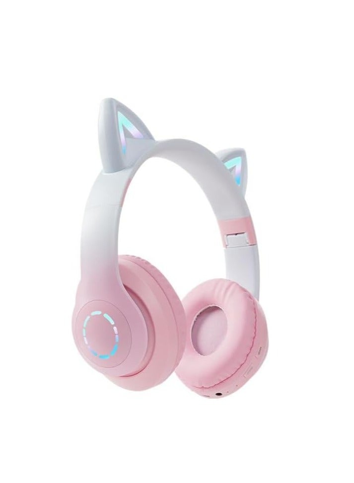 Furry Ears Headphones LED Luminous Gaming Wireless Card-insertable Bluetooth Headphones Gradient Color (white pink) - Image 1