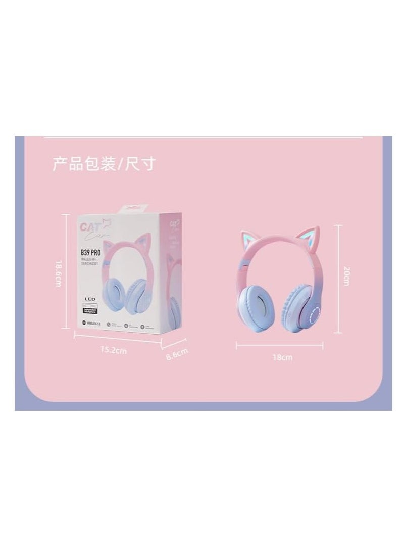 Furry Ears Headphones LED Luminous Gaming Wireless Card-insertable Bluetooth Headphones Gradient Color (white pink) - Image 2