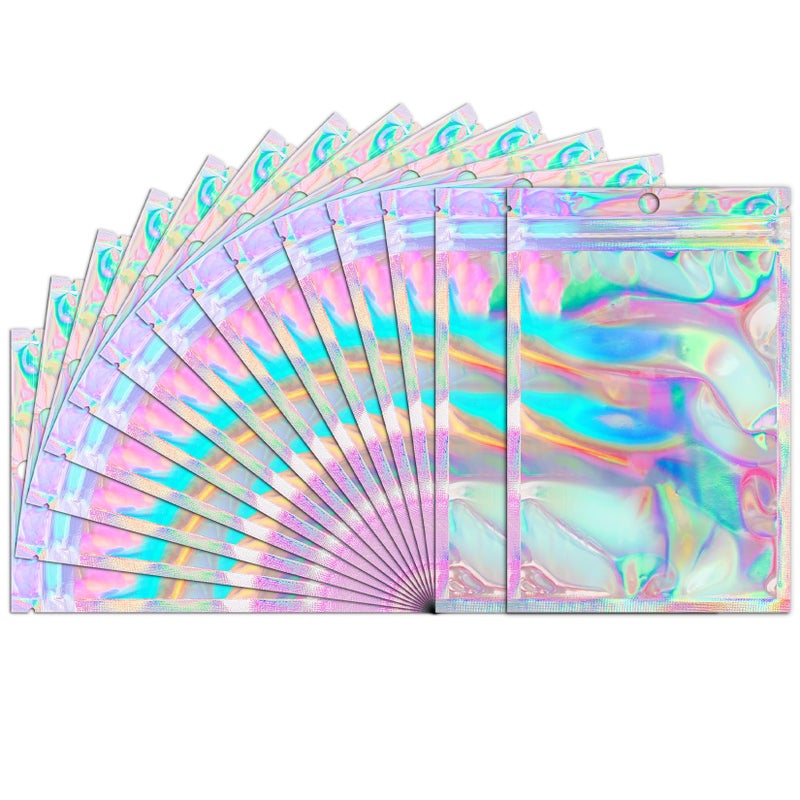 Funfery 100 Pcs Smell Proof Holographic Bags Clear Window Resealable Bags,Mylar Foil Bag with Zipper,Sealing Pouch Packaging Bag for Food Storage,Candy,Party Favor Sample Business Supplies(6.3x9.4in) - Image 1