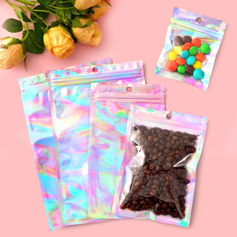 Funfery 100 Pcs Smell Proof Holographic Bags Clear Window Resealable Bags,Mylar Foil Bag with Zipper,Sealing Pouch Packaging Bag for Food Storage,Candy,Party Favor Sample Business Supplies(6.3x9.4in) - Image 3
