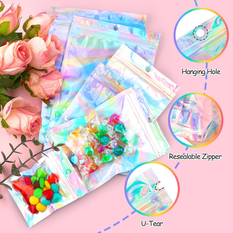 Funfery 100 Pcs Smell Proof Holographic Bags Clear Window Resealable Bags,Mylar Foil Bag with Zipper,Sealing Pouch Packaging Bag for Food Storage,Candy,Party Favor Sample Business Supplies(6.3x9.4in) - Image 4